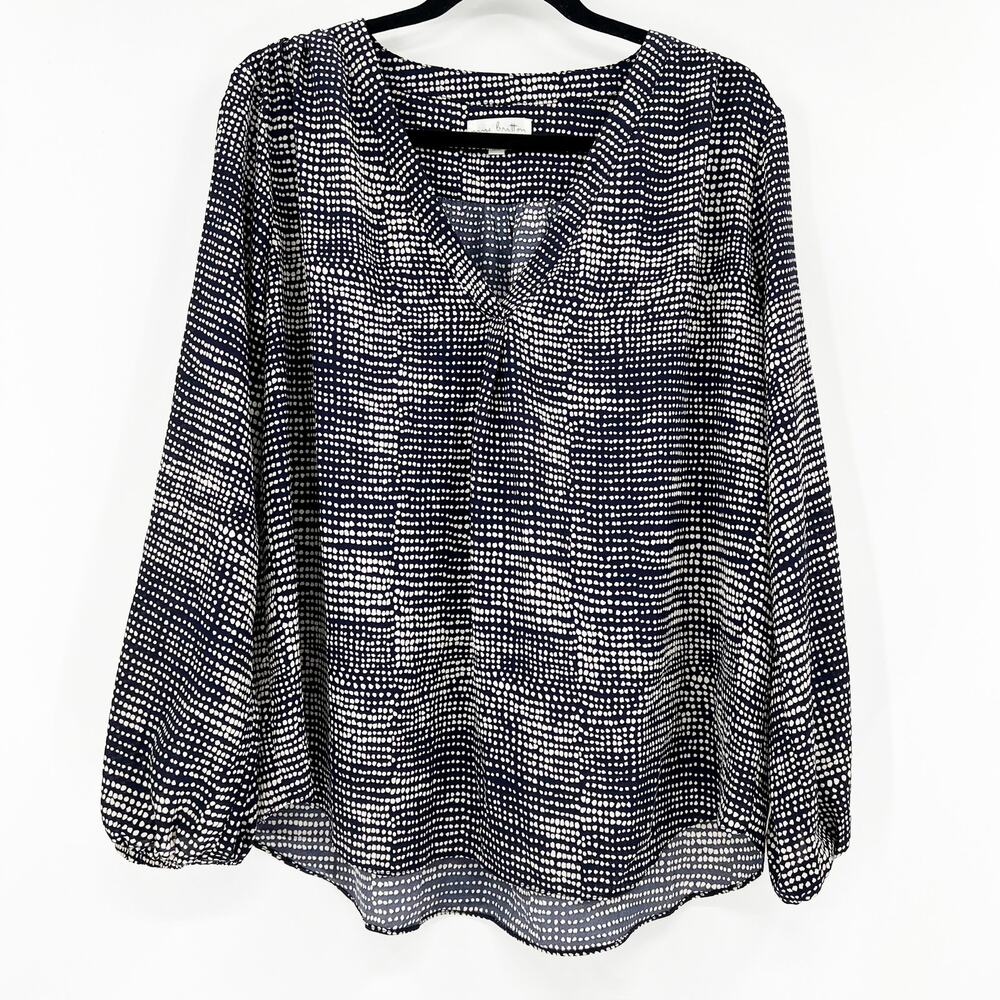 NWT Nine Britton Women's Blue White Polka Dots Long Sleeve Blouse Top Size L